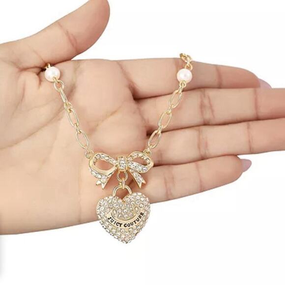 NIB JUICY COUTURE Gold Rhinestone Heart Bow Pearl Pendant Necklace 18”+2” GIFT - Picture 11 of 15